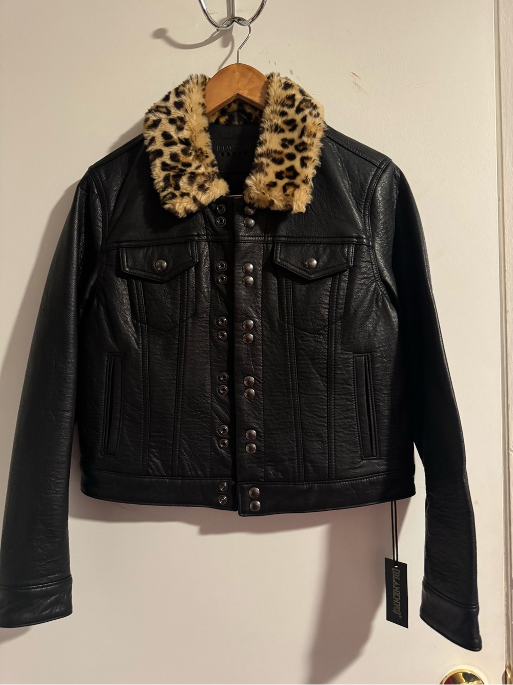 Blank NYC Black Leather Jacket with Leopard Faux Fur Collar
